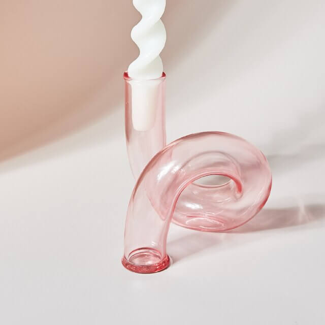 Pink glass candle holder with white candle - 5