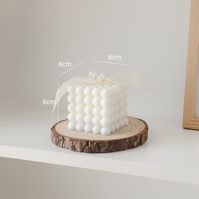 White bubble cube candle on wood, 6cm dimensions