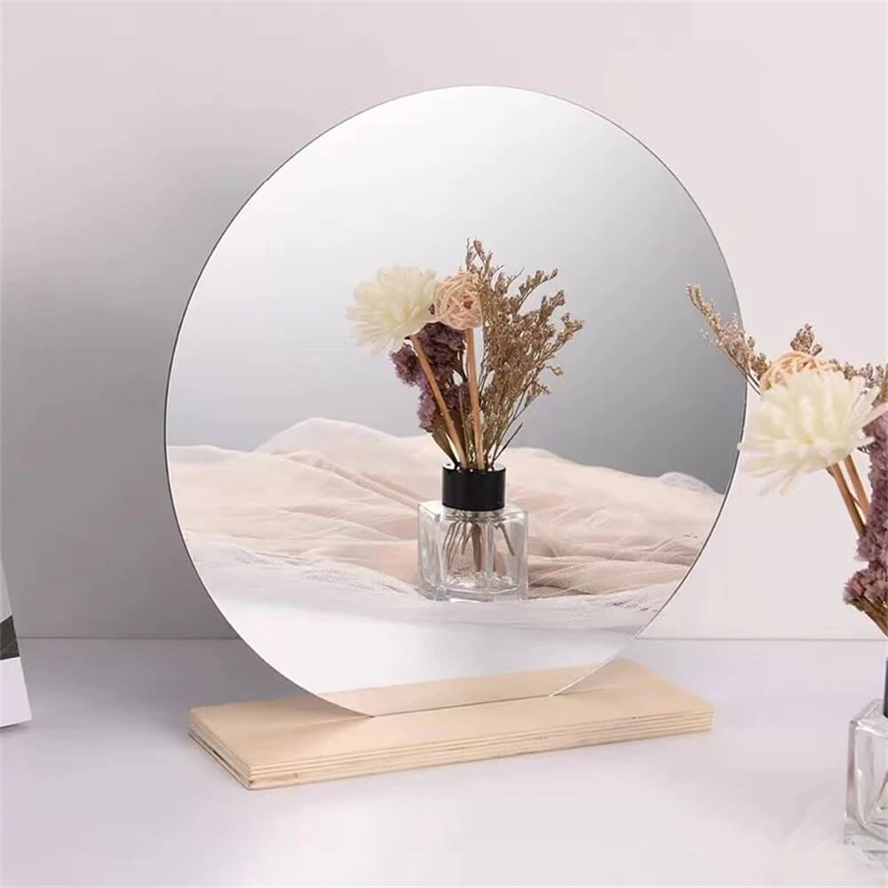 Irregular acrylic makeup mirror with wooden base